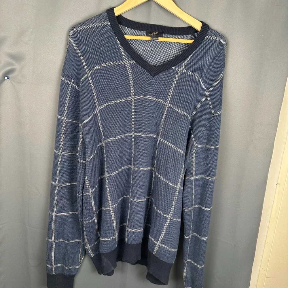 Brooks Brothers 346 Mens XL Blue Windowpane Cotton Cashmere V-Neck Sweater
